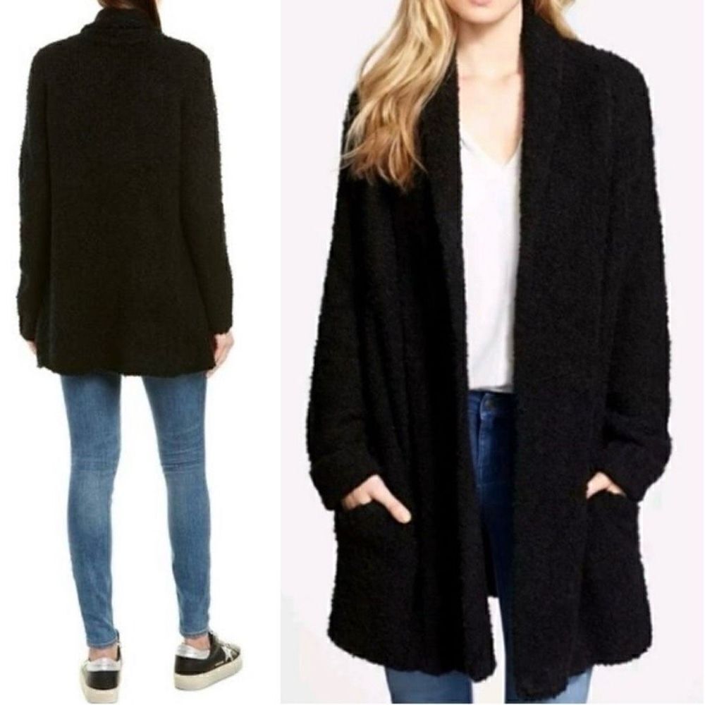 Joie Solome Fuzzy Teddy Wool Blend Shawl Collar Cardigan Sweater Black Medium